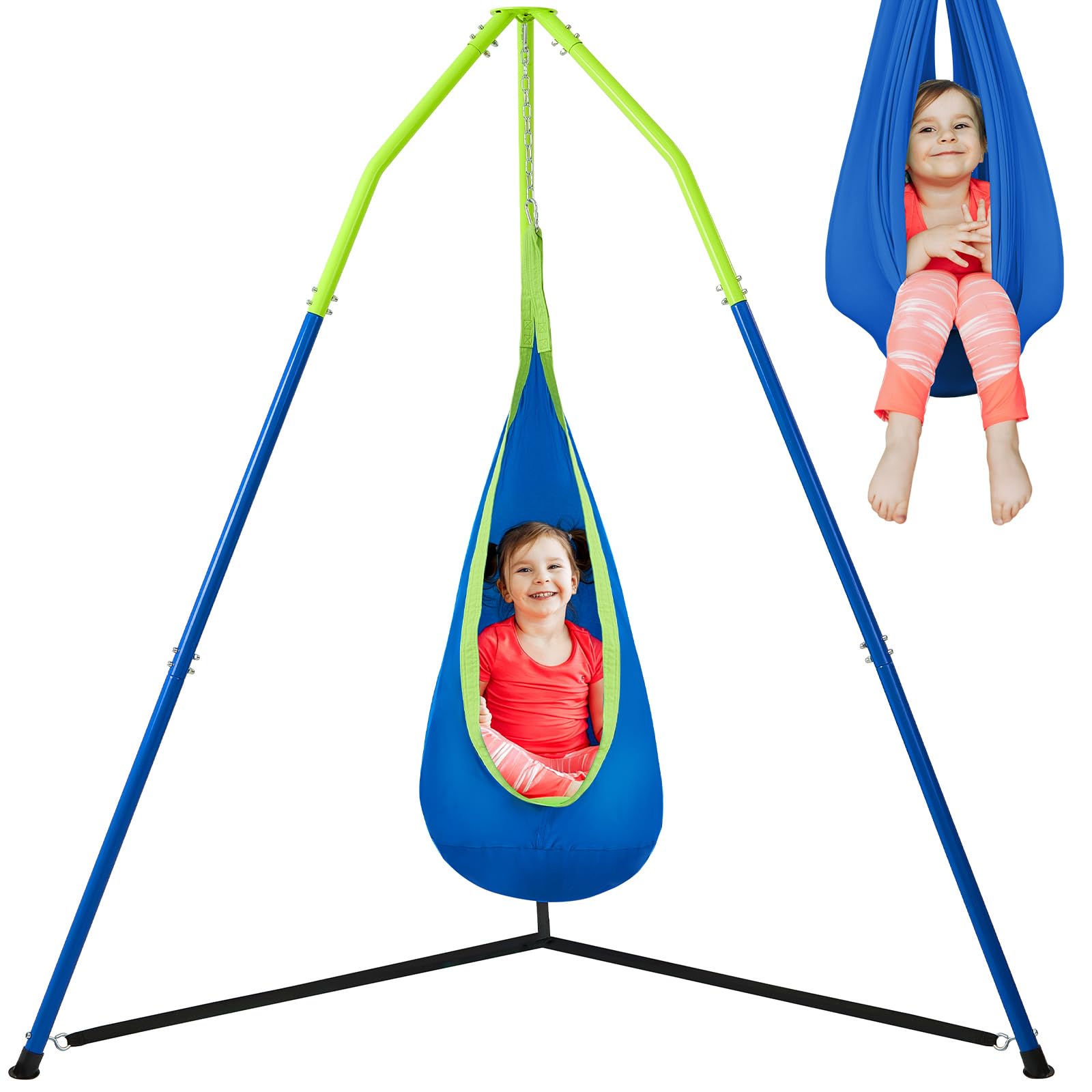 FUNLIO Soporte de Hamaca 2 en 1, Set de Hamaca Colgante con Marco Triangular, Soporte de Acero Resistente, 90 kg Capacidad, Interior & Exterior, Diseño Altura Ajustable