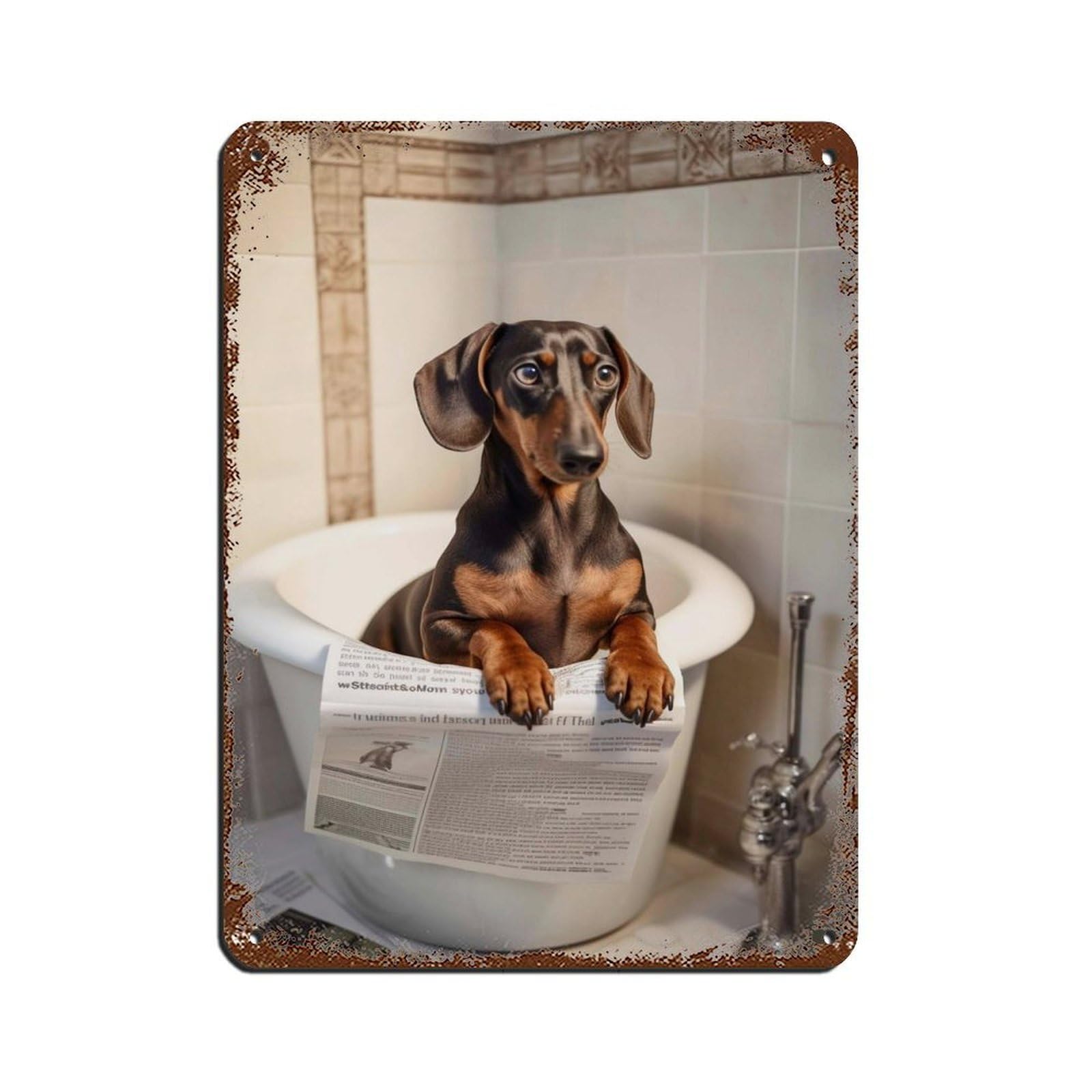 Dachshund in Bath Reading The Newspaper Tin Sign Vintage Metal Pub Club Cafe Bar Home Wall Art Decoration Poster Retro 12x16inch(30x40cm)