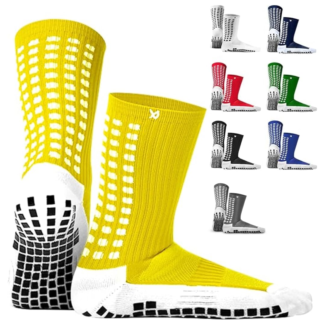LUX Sports Soccer Grip Socks for Women & Men - Yellow V1 Style, Cotton Blend - Non Slip & Grippy Crew Socks - Football & Soccer Equipment