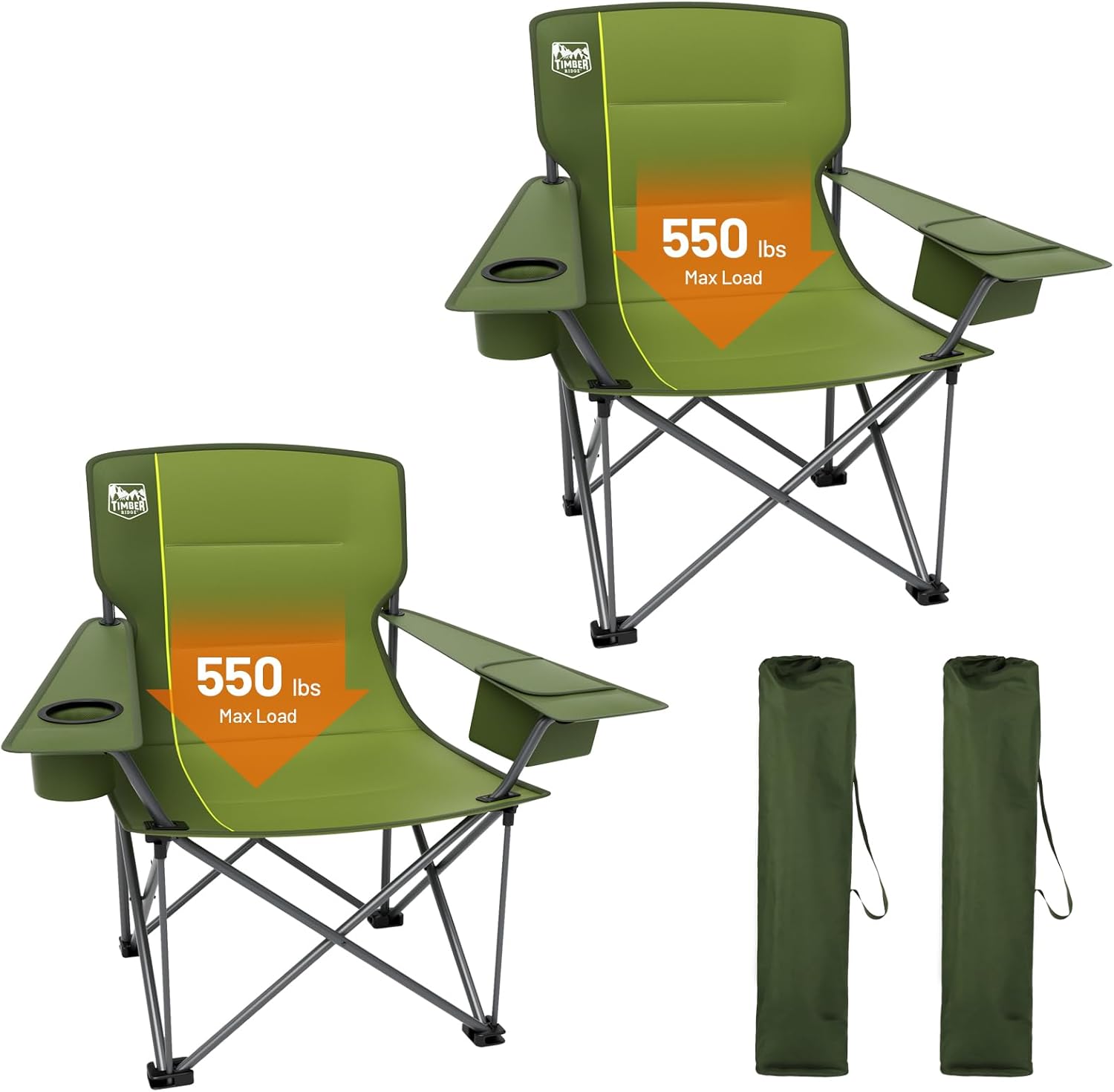 TIMBER RIDGE Oversized Folding Camping Chair for Adults, Support 550 LBS Heavy Duty with Cup Holder Side Pocket for Camp, Lawn, Picnic, Green, 2 Pack Green-2 Pack