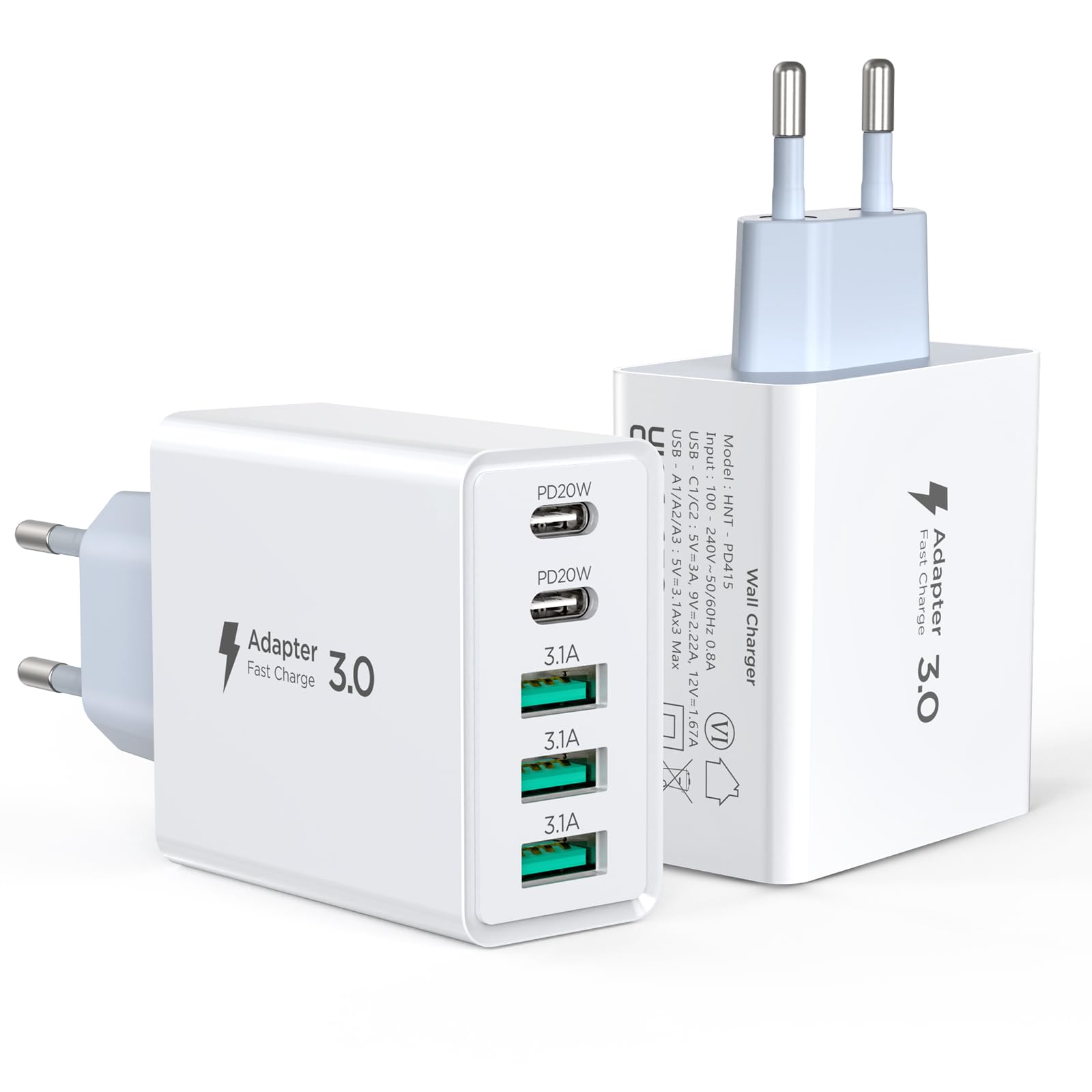 Hohosb 50W 5-Port USB C Ladegerät Block, 2er-Pack USB Adapter Ladestecker für iPhone 16 15 14 13 12 11 Pro Max, iPad, Google Pixel, Samsung Galaxy und Mehr - Weiß
