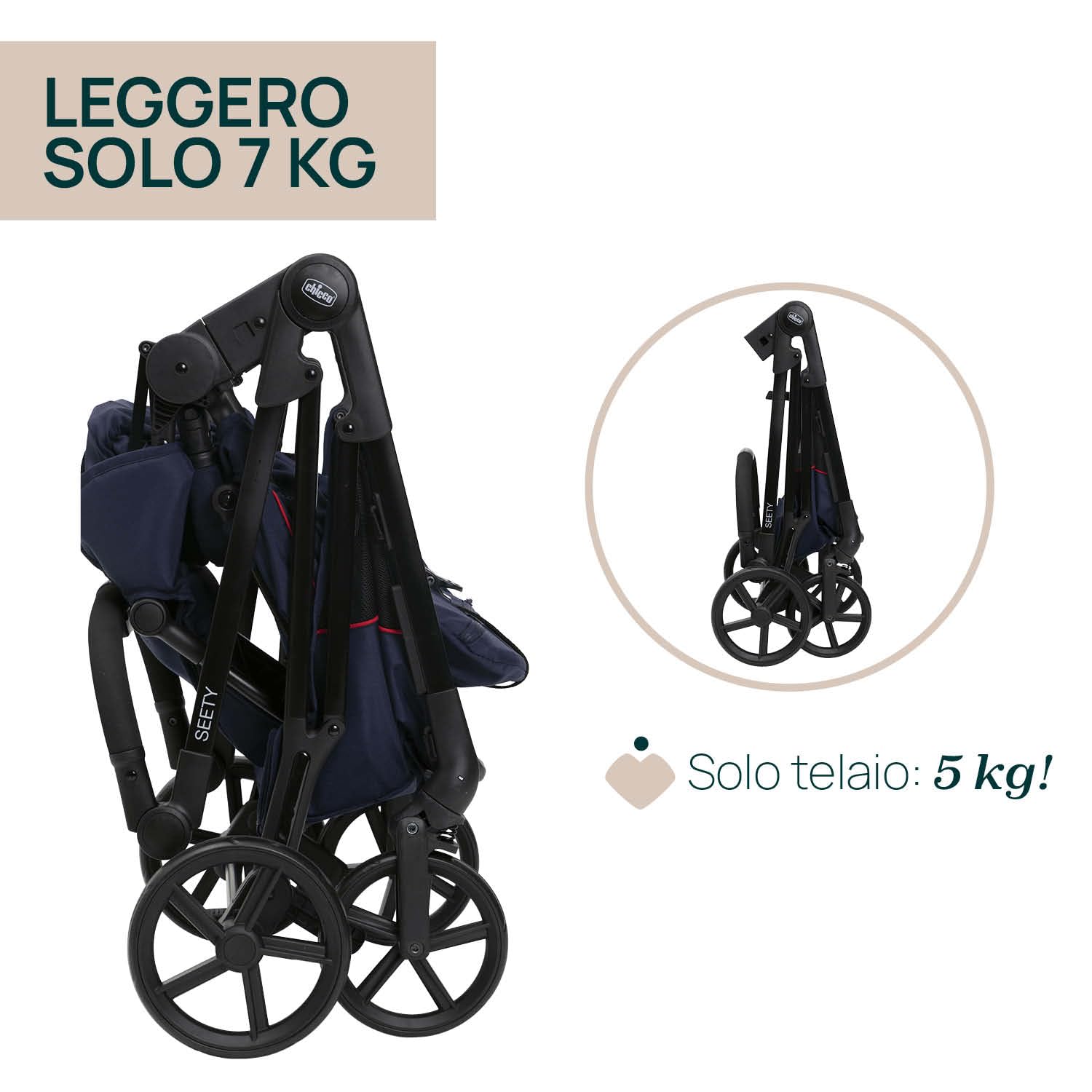 Chicco Passeggino Seety, Passeggino Leggero e Compatto Da 0 Mesi a 4 Anni, Portata Max 22kg, Passeggino Pieghevole, Schienale Reclinable, Chiusura Automatica in 1 Gesto, Capotte Parasole e Parapioggia