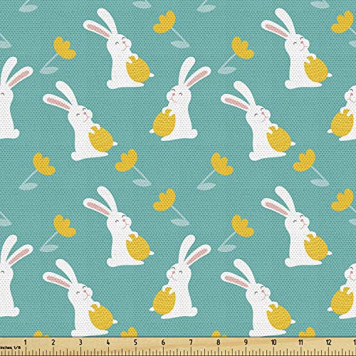 Lunarable Rabbits Fabric by The Yard, Bunnies with Easter Eggs and Flowers Spring Theme, Decorative Fabric for Upholstery and Home Accents, 1 Yard, Seafoam Yellow