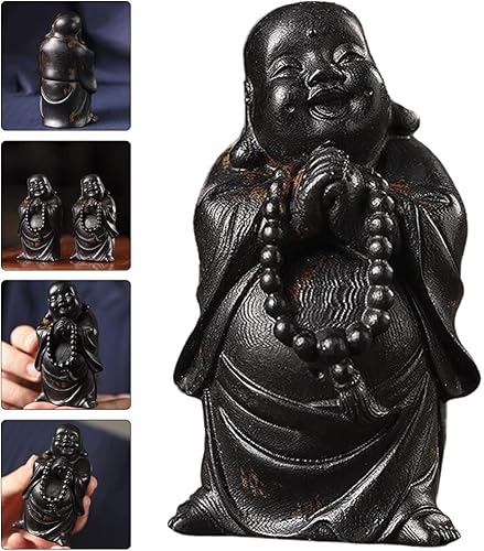 Miniatura 2 de Estatua de Buda de madera, figuras de Buda riendo de madera, estatua de Buda Mini adornos de jardín zen Estatua de Buda feliz de la suerte para la