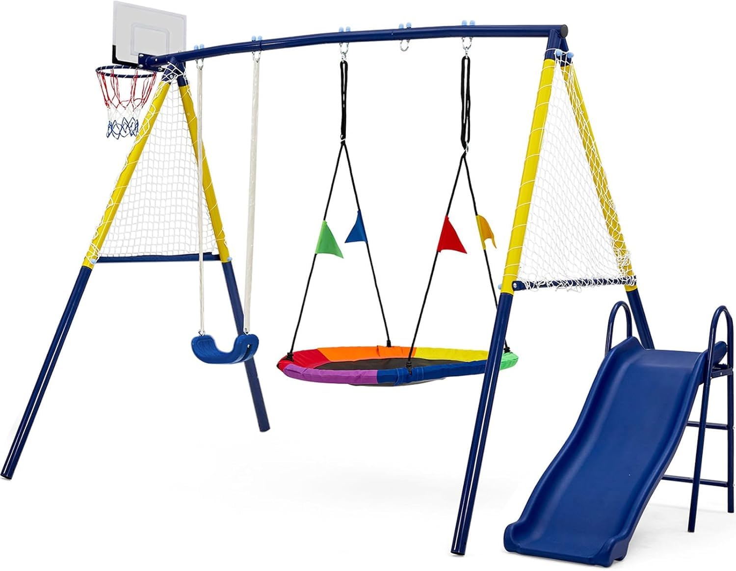 5-in-1 Kids Swing Set - 150kg Load Capacity Heavy Duty Metal Frame with Nest Swing for Kids & Adults, Basketball Hoop, Soccer Goal & Kids Slide with Metal Support, Robust Chain Swingset