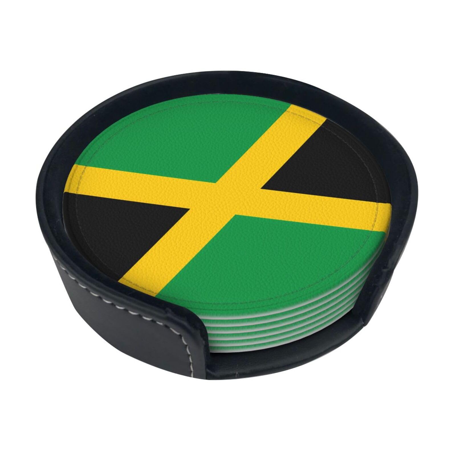 Cntdbu White Flag Of Jamaica Leather Coasters Set Of 6-Pu Leather Drink Mats For Table, Heat Resistant Round Coasters With Holder