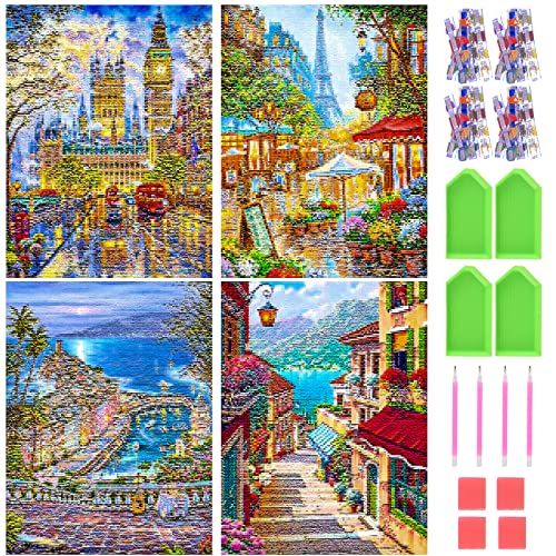 Fengguock Paquete de 4 pinturas de diamantes, pintura de diamante 5D, kit completo de pintura de diamante 5D, para manualidades con taladro completo 5D, pintura de arte de cristal para adultos Cover