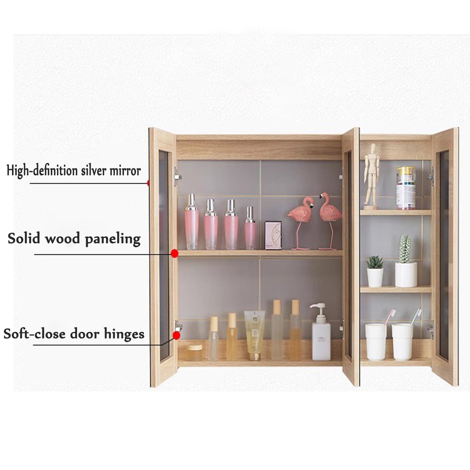 Hängeschrank Spiegelschrank Fürs Bad ，Badezimmerschrank Mit Spiegel，Massivholzmaterial, Hochauflösender Spiegel, Mehrschichtige Lagerung, Robust Und Langlebig(White,80cm/31.4in)