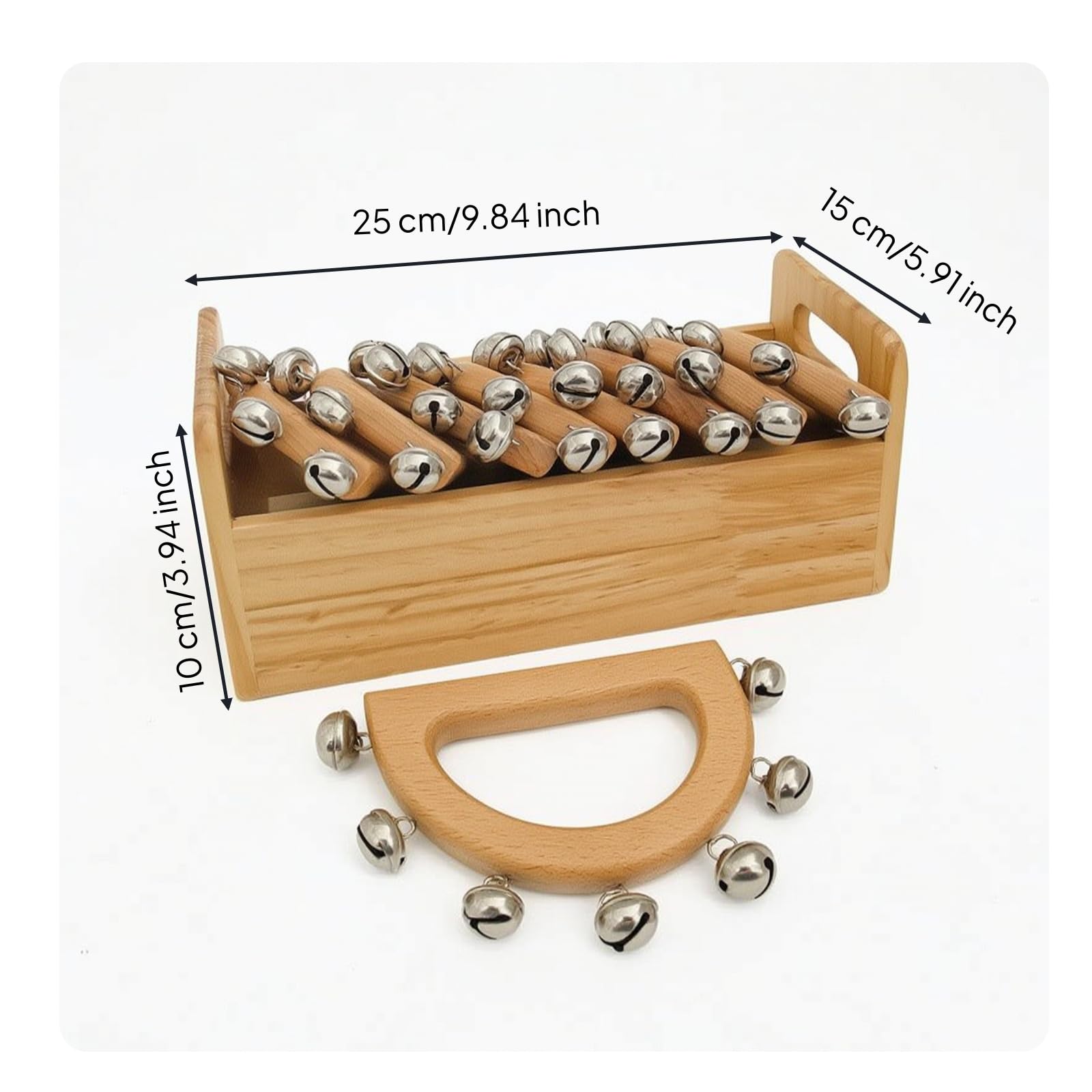 harayaa Campanella Musicale per Bambini Strumento a Percussione Sonaglio a Mano Raganella Tradizionale in Legno con in Metallo, Sette Campanelle A Mano A Mezzaluna + Scatola Di Legno