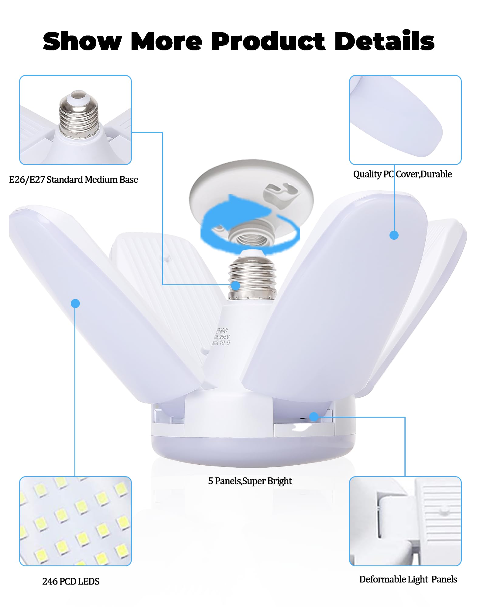 4 Pack LED Garage Lights 6000LM 60W Deformable Shop Light with 4 Adjustable Panels 6000K Garage Lights Ceiling — view 5