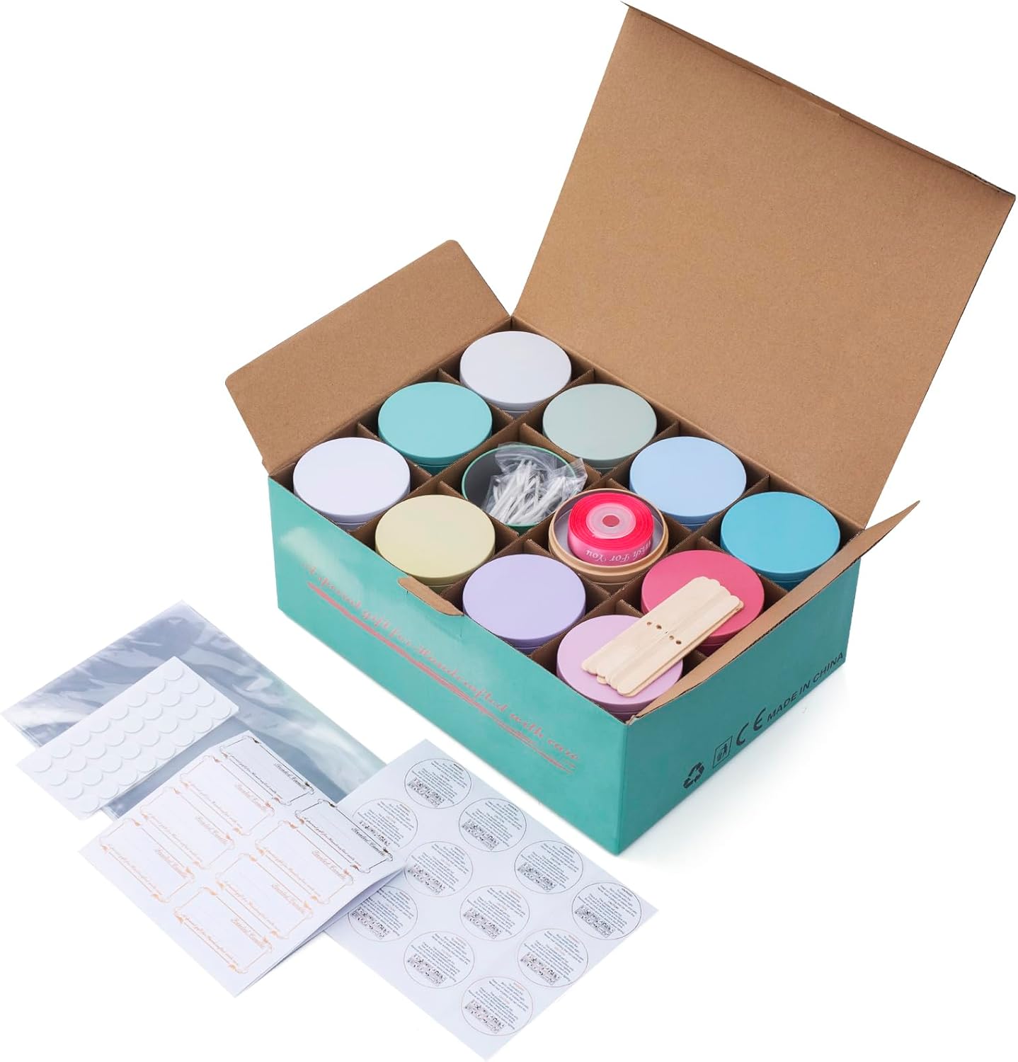 MeiGlow Empty Candle Tins for Making Candles, 24 Pack(12 Colors) 8 oz with Lids, Cotton Wicks, Wick Stickers, Holders, Labels, Pink Ribbon and Transparent Bags (8 oz)