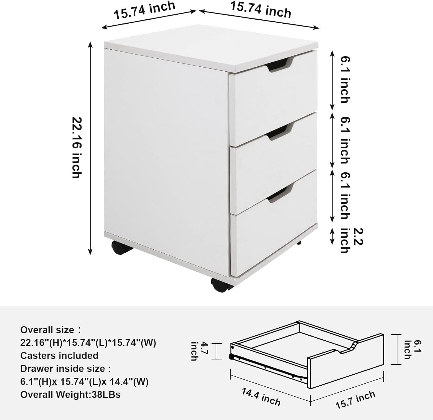 3-Drawers Vertical Filing Cabinet, Fully Assembled Under Desk Filing Cabinet with Wheels, 15.7×15.7×22.2 Inches Wood Storage Dresser with Casters for Office Home, White