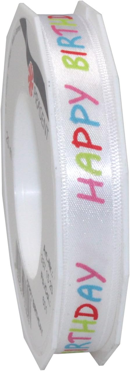 Prasent 15 mm 20 m Happy Birthday Double Face Satin Ribbon, White