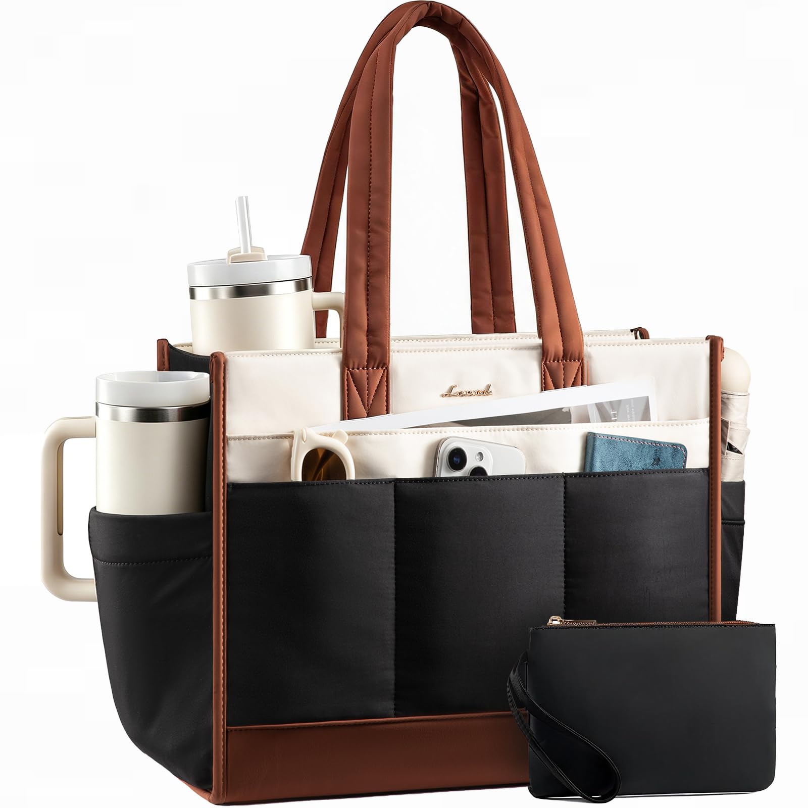 LOVEVOOK Work Tote Bag for Women, 15.6 Inch Laptop Bag with 40oz Cup Holder | Lightweight self-standing work purse with 25L storage, luggage strap and water-resistant fabric for teachers nurses college