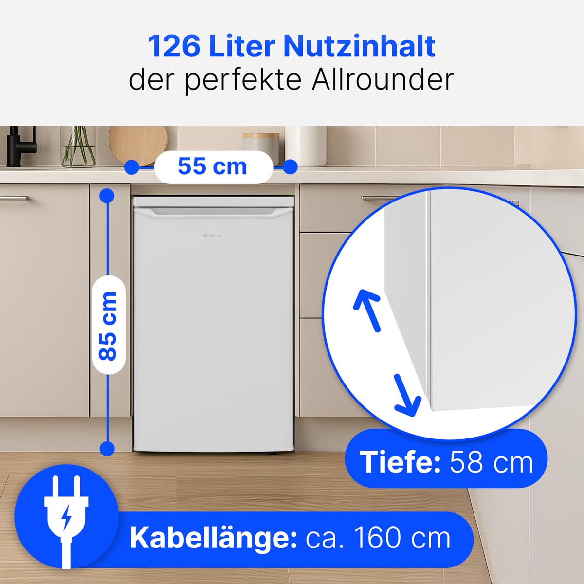Bomann Kühlschrank 126L Energieklasse C 85cm leise 35dB VS 7258 weiß