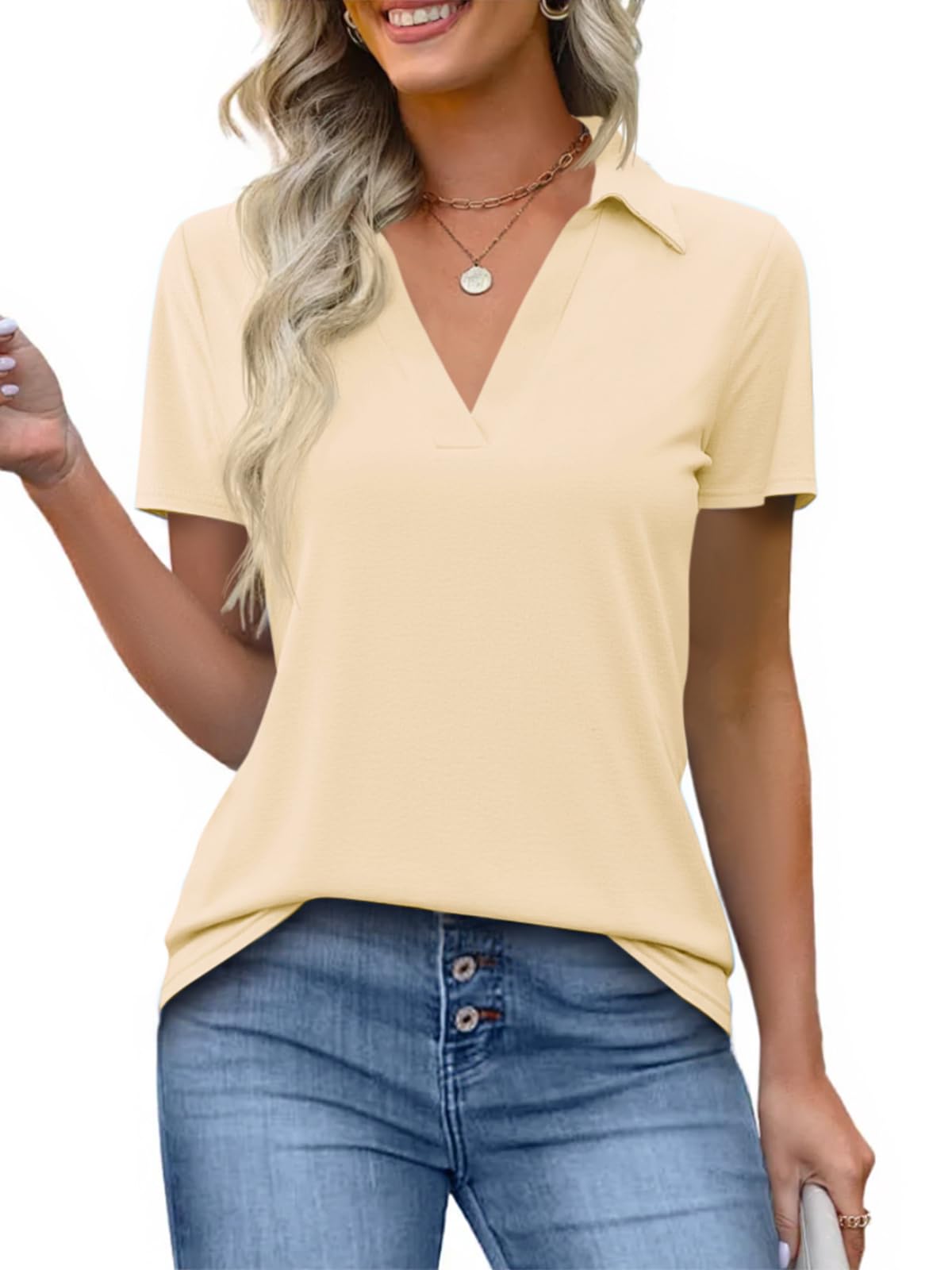 Imily Bela Womens Short Sleeve Polo Shirts V Neck Business Dressy Casual Tops Summer Collared Trendy Tees