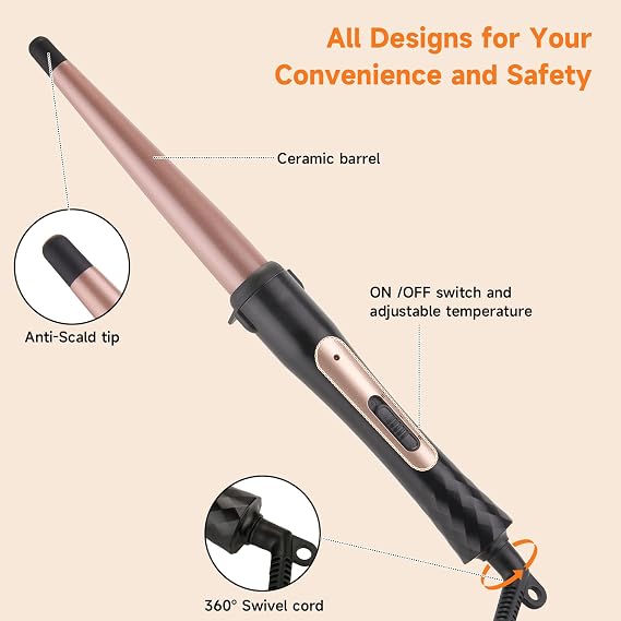 Tapered Curling Wand 13-25mm Tourmaline Ceramic Barrel Professional Hair Curling Wand for Short Medium Long Hair Two Temperature Settings Dual Voltage Auto Shut-Off