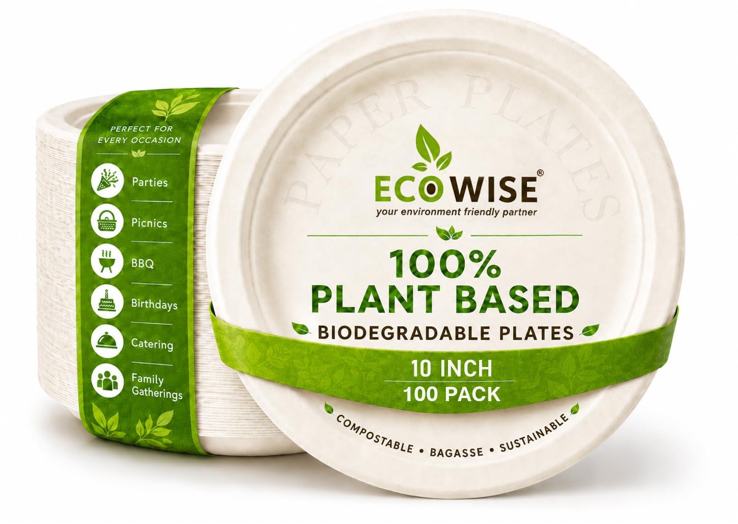 BH | Pack of 100-10" Large Bagasse Plates | White | Eco Friendly | Biodegradable and Compostable | Made of Sugarcane | Ideal for Everyday USE Birthday Party Picnic BBQ Work - By Best House โ image 1