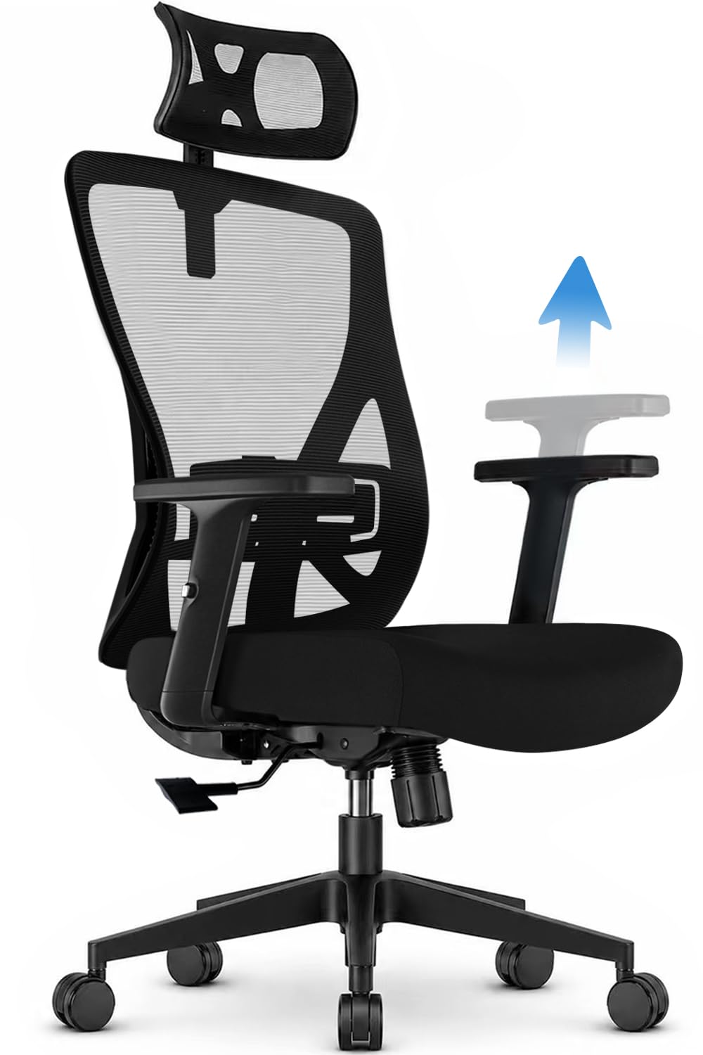 Bürostuhl ergonomisch, Schreibtischstuhl mit Kopfstütze, Lordosenstütze und höhenverstellbaren Armlehnen, Drehstuhl mit 90°-130° Wippfunktion, Netzstuhl bis 150 kg für Homeoffice