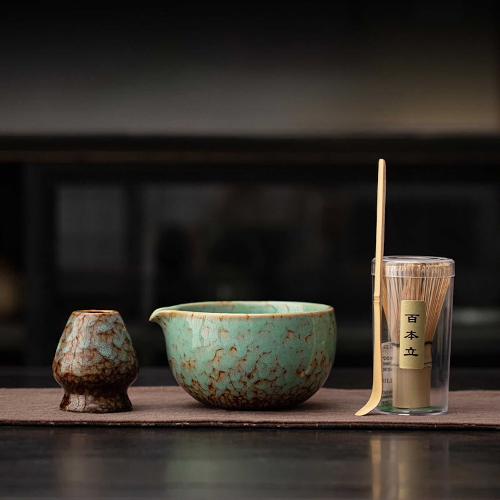 JIKANNOYA Matcha Set 4 Piece Chasen Whisk Chawan Bowl Chasaku Green 17oz