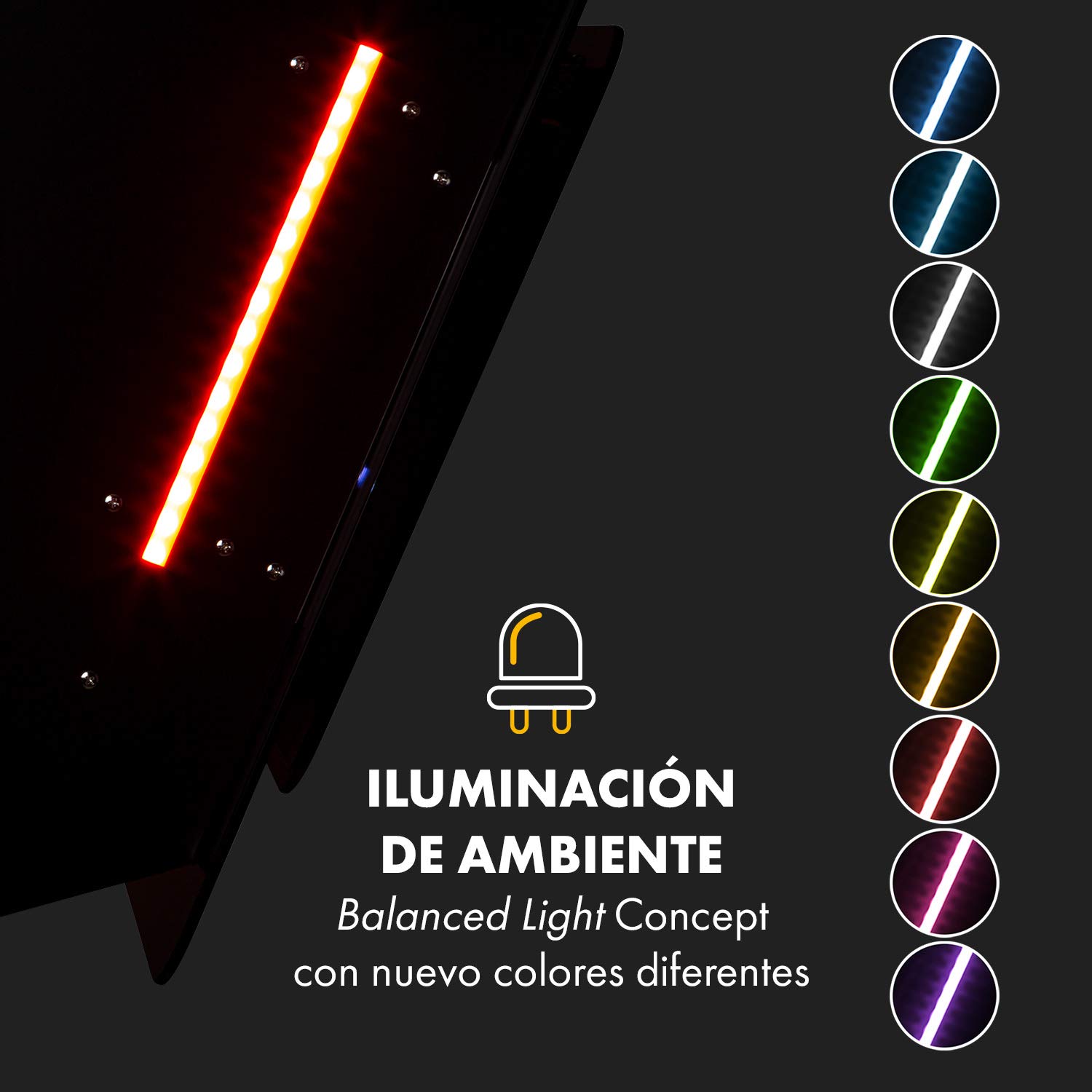 Klarstein Helena Campana extractora inclinada, Campana de pared inclinada con 553 m³/h, Luz ambiental RGB, Recirculación y extracción, Iluminación LED, Control táctil, 60 cm, negro