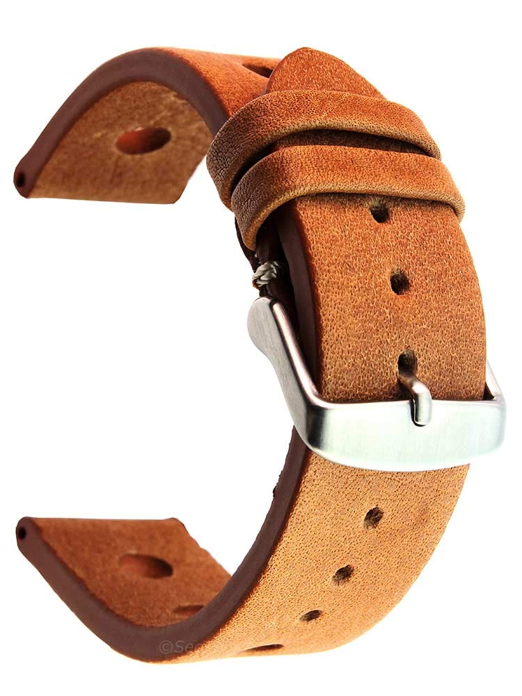 SecTimeGenuine Leather Watch Strap Band Prague Rally Racing Brushed Stainless Steel Buckle Spring Bars