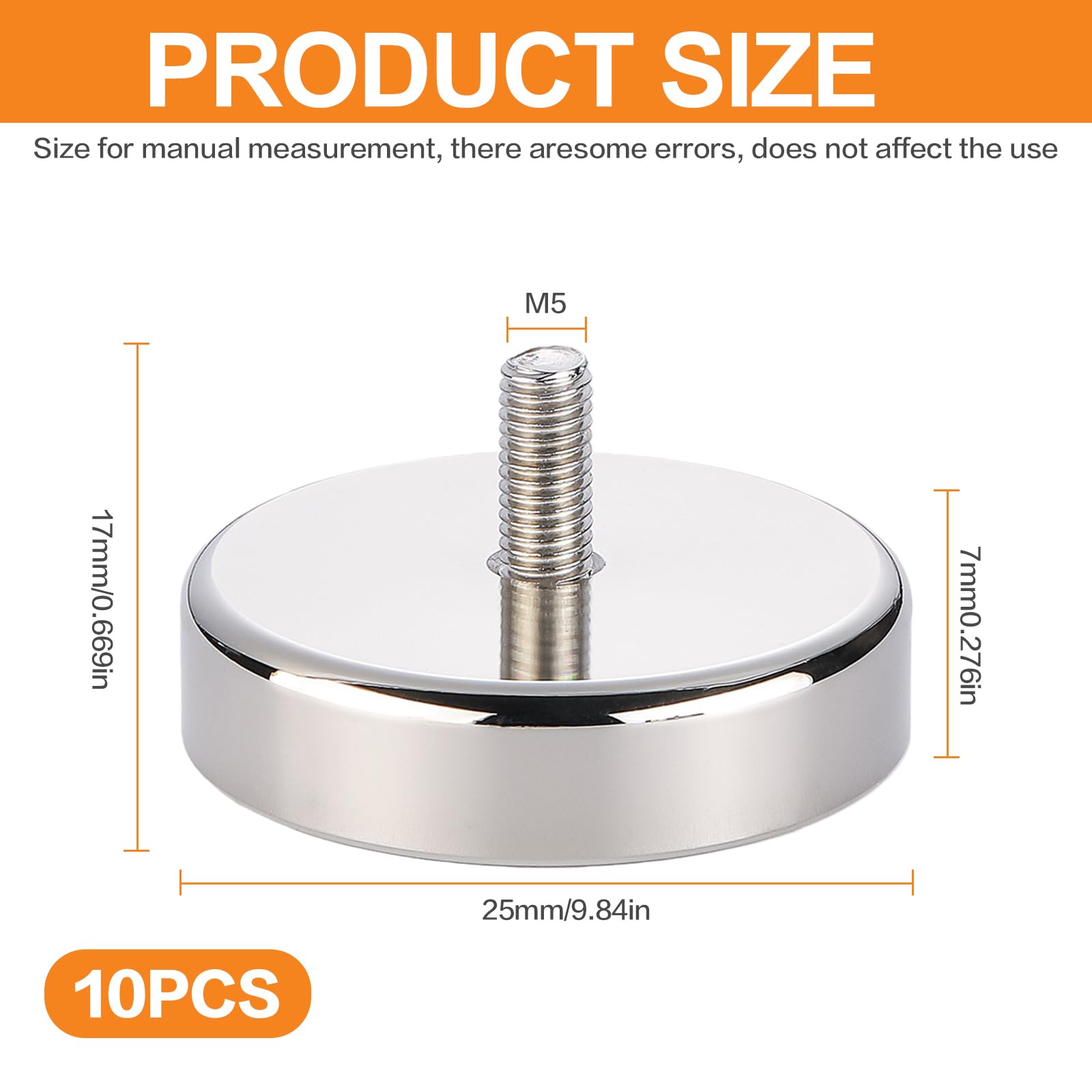 Lot de 10 aimants en pot en néodyme de 25 mm de diamètre, extra puissants avec filetage M5 et force d'adhérence de 22 kg, aimants ronds en néodyme pour vis, œillets ou crochets, systèmes magnétiques