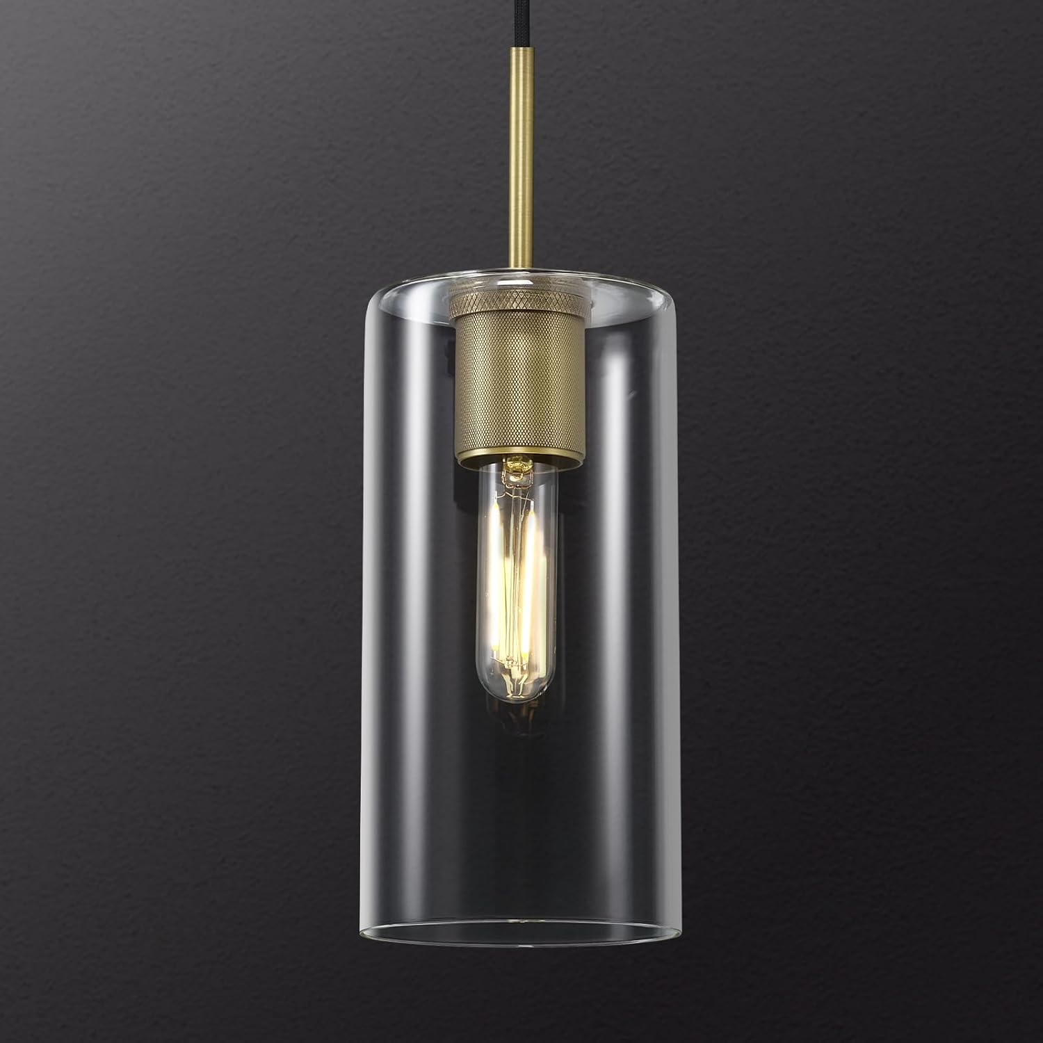 Modern Brass Pendant Lights Kitchen Island Glass Pendant Light Fixtures, 9.5'' Farmhouse Clear Glass Cylinder Pendant Light, Gold Kitchen Pendant Lighting over Island Sink, E26 Bulb Included