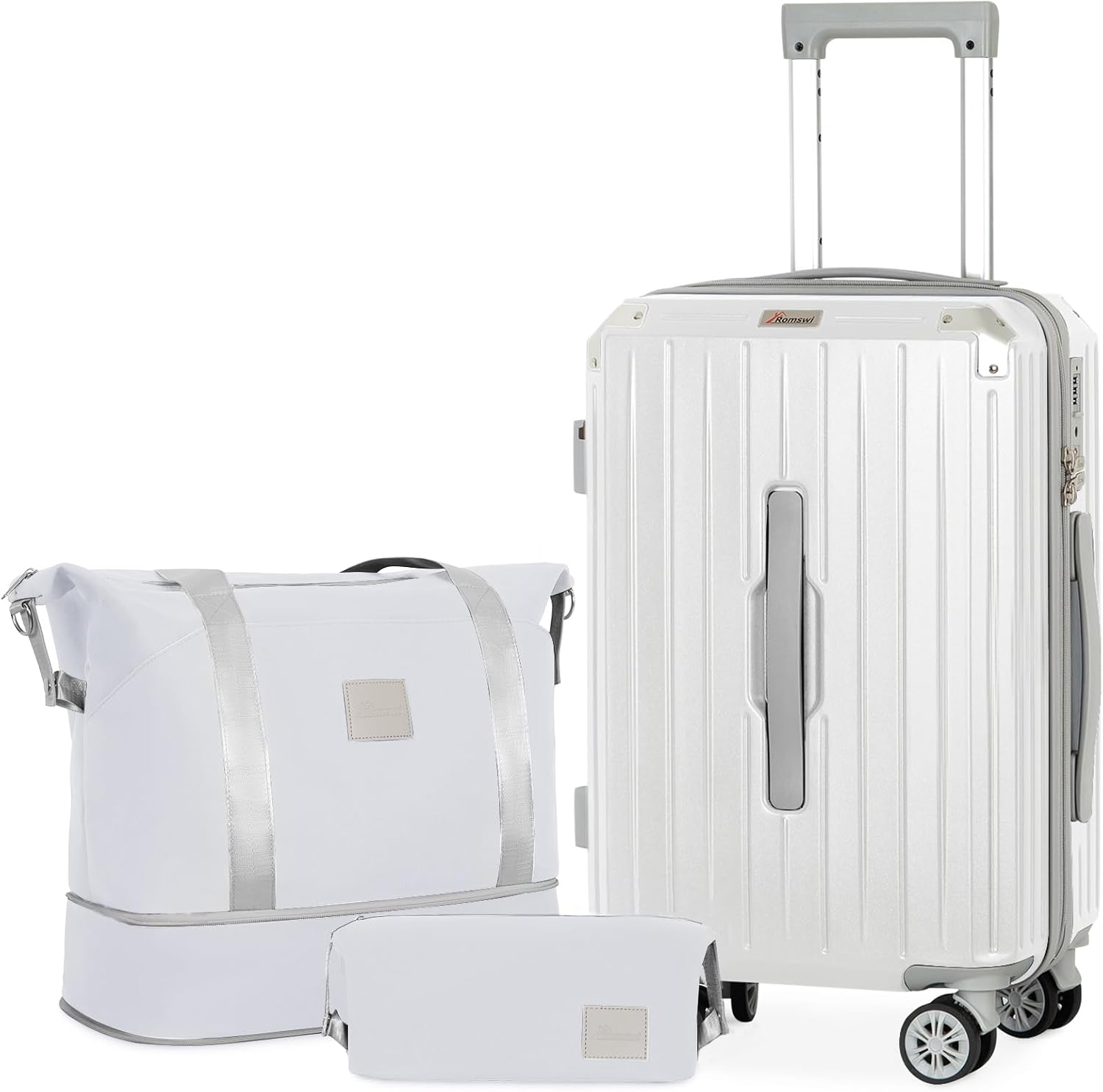 Romswi 3-Piece Carry-On Luggage Set with Cup Holder TSA Lock, 20" Hardside Spinner Suitcase with Duffel Bag, Lightweight Durable PC+ABS Travel Luggage White