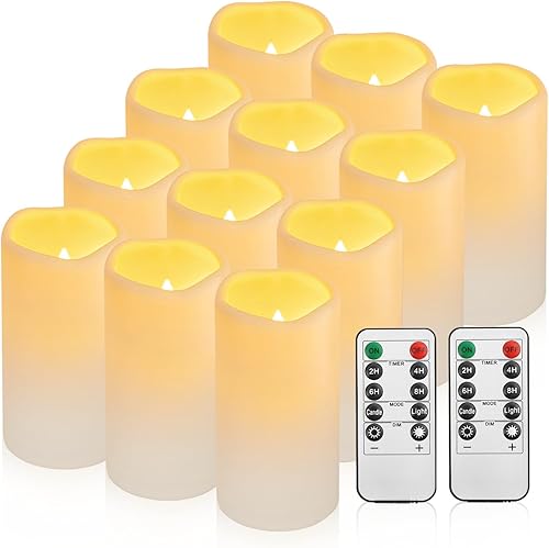 Velas impermeables sin llama a control remoto, paquete de 12 unidades (3 pulgadas de profundidad x 5.5 pulgadas de alto), vela LED parpadeante de
