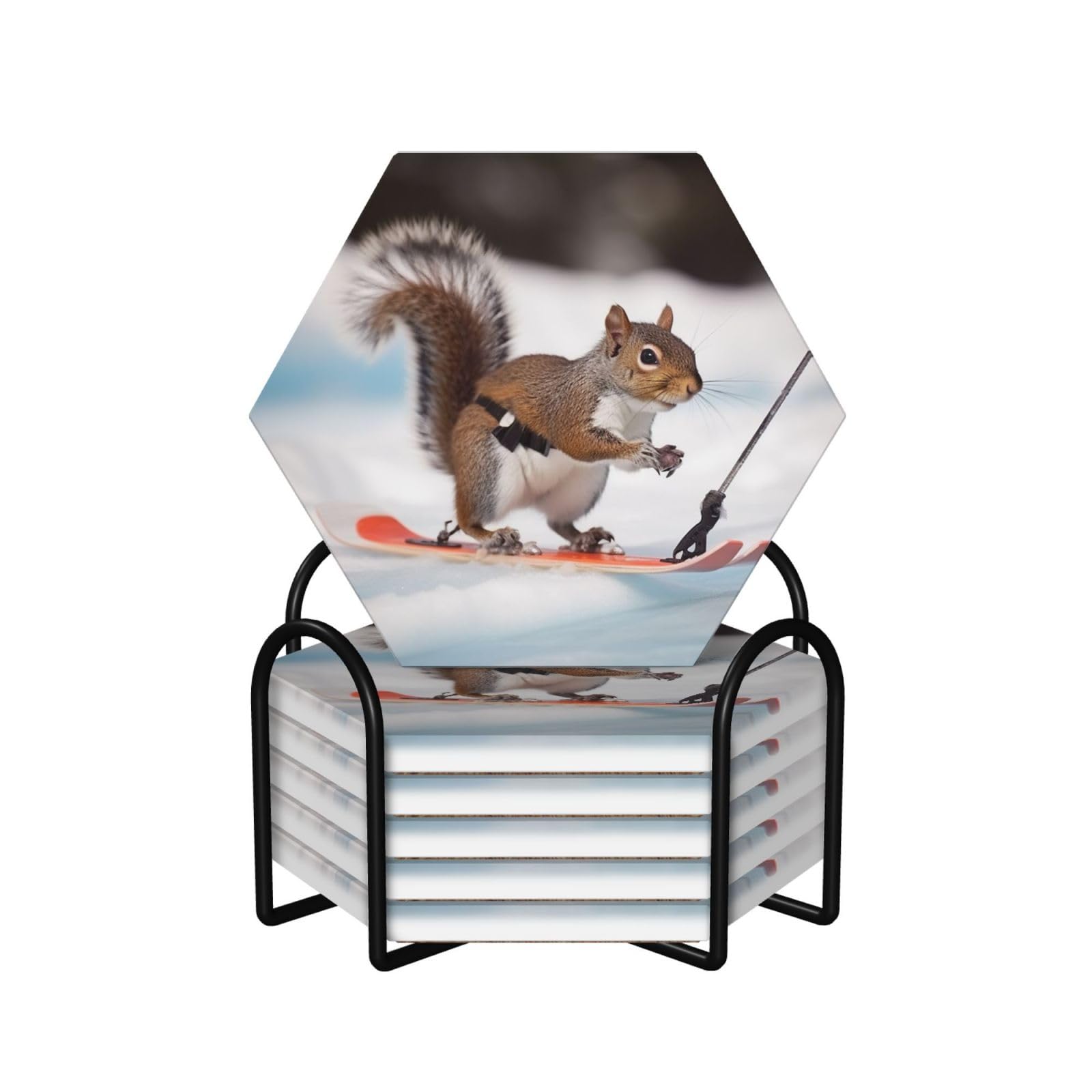6Pcs Ceramics Coaster for Drinks, Skiing Squirrel Cup Coasters with Holder, Aesthetic Drink Coasters for Coffee Table, Absorbent Round Coaster for Tabletop Protection 4" Cup Mat Pad