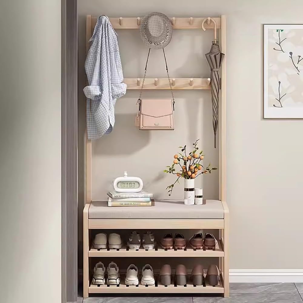 Árbol de pasillo de entrada con banco y 12 ganchos, estante de almacenamiento de almacenamiento de organizador de zapata de rack de abrigo 3 en 1 para baño, muebles de madera resistentes con fácil mon