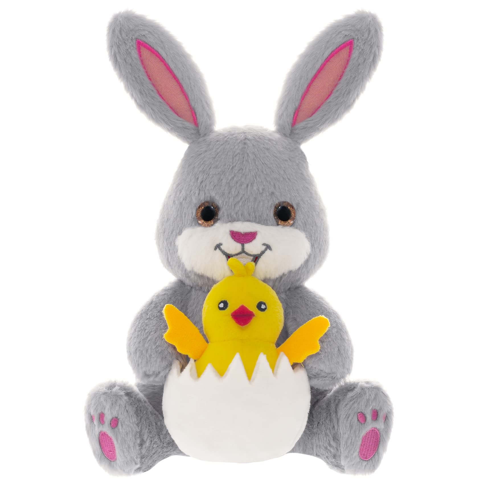 OnoryEaster Bunny Stuffed Animal Rabbit, 10" Plush Bunny Toy Holding Chick in Egg Huggable & Washable Gifts for Girls Kids Babies Boys (Grey)