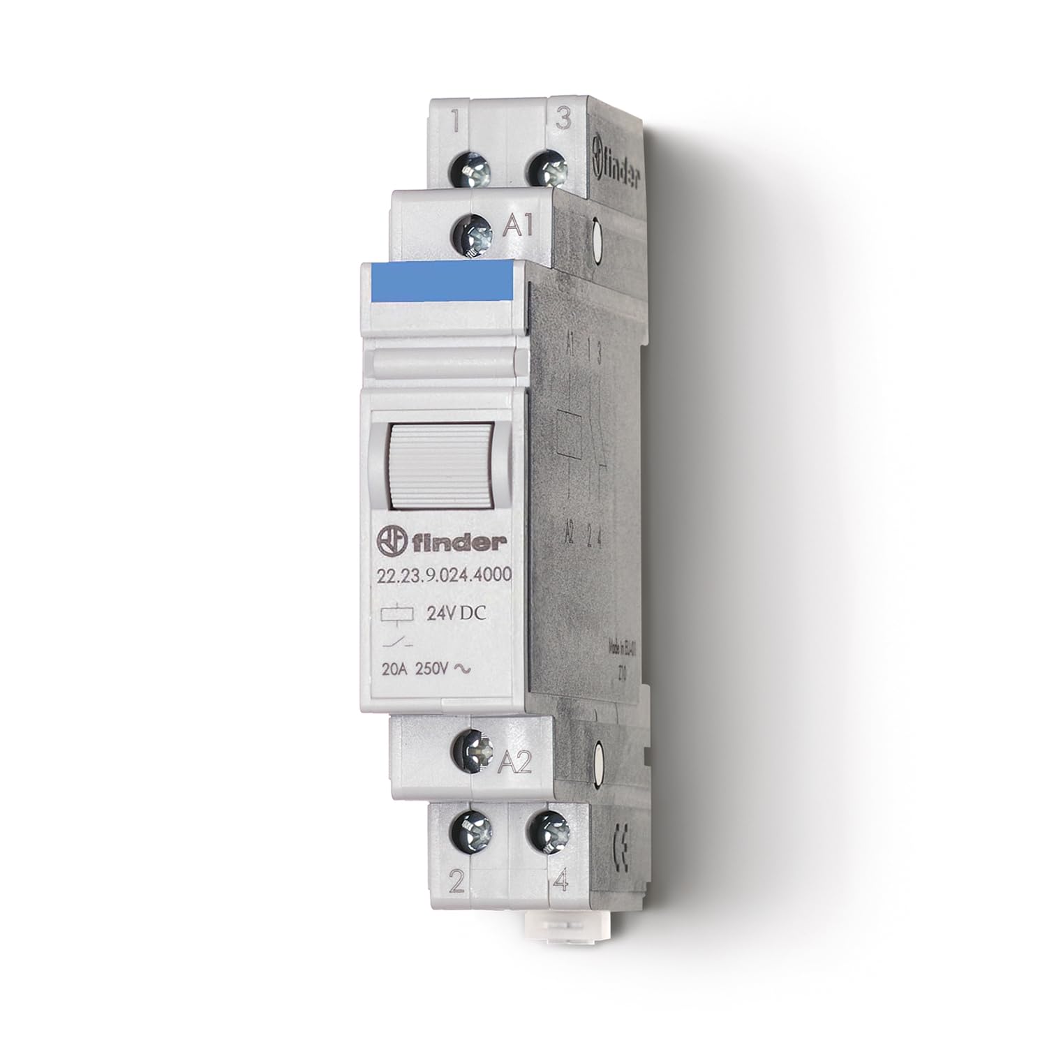 Finder Relè Monostabile Modulare 20 A. Dotato di interruttore bipolare 1 NO + 1 NC. Corrente nominale 20A.Tensione nominale/ Max tensione commutabile 250/400 V AC. Per montaggio su barra 35 mm