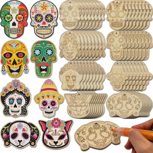 64 Sets Day of The Dead Skull Crafts Unfinished Wooden Sugar Skull Ornaments Make Your Own Mexican Fiesta Blank Cutout Dia De Los Muertos Hanging Slices Tree Decorations