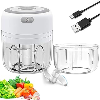 Mini Hachoir Electrique, Mini Mixeur Hachoir Alimentaire Processeur de Hachoir Hachoir Oignon Hachoir Ail mini Hacheur électrique, Chargement USB, pour Bébé Aliments, Viande, Ail, Fruits(250ML&100ML)