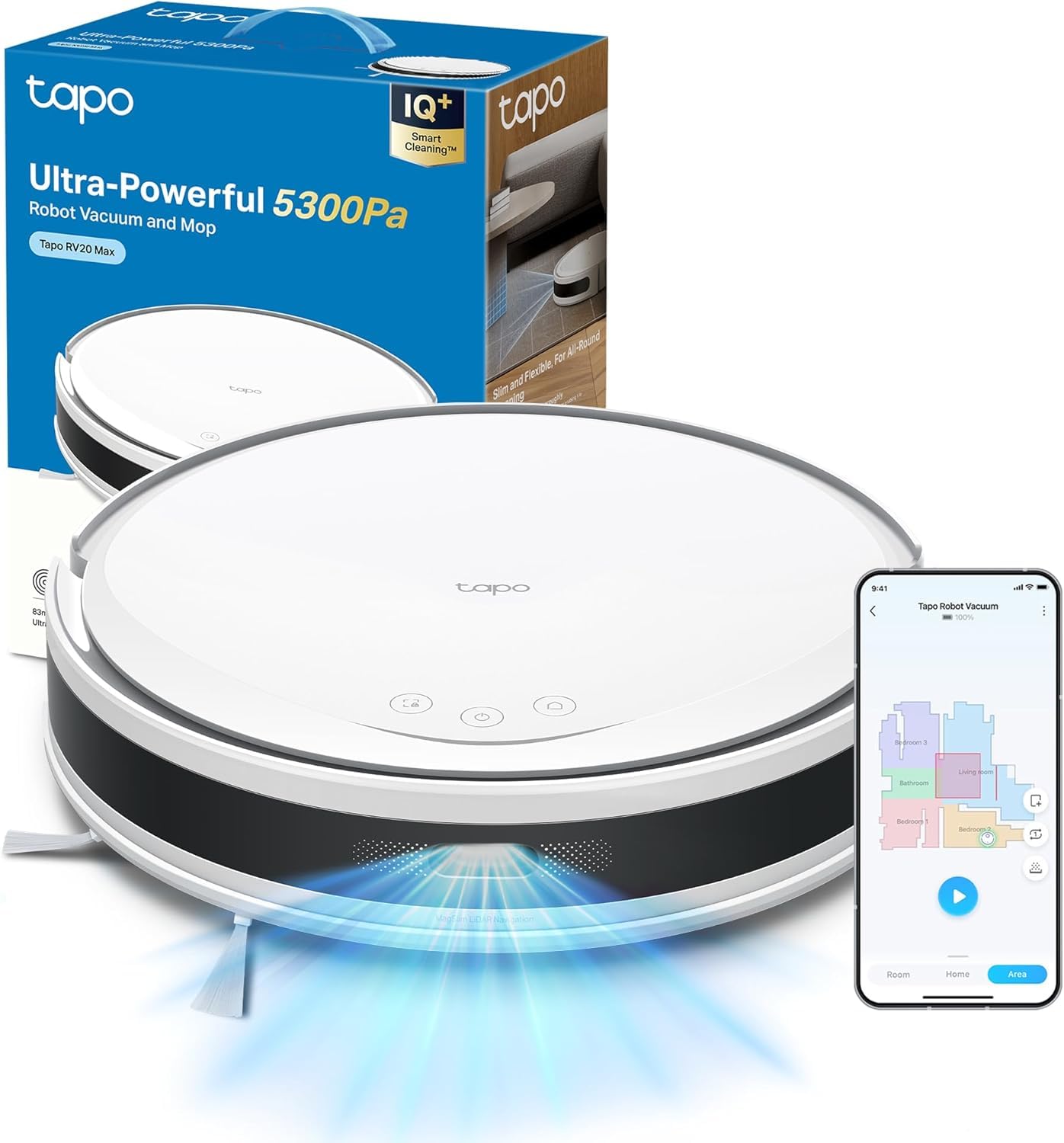 Tapo RV20 MAX White-Robot Aspirador, 4 en 1, 5300Pa, navegación LiDAR | 5300 Pa de Succión. Navegación Láser LiDAR. Fregado 4 en 1. Control App Tapo. Control Voz Alexa/Google.