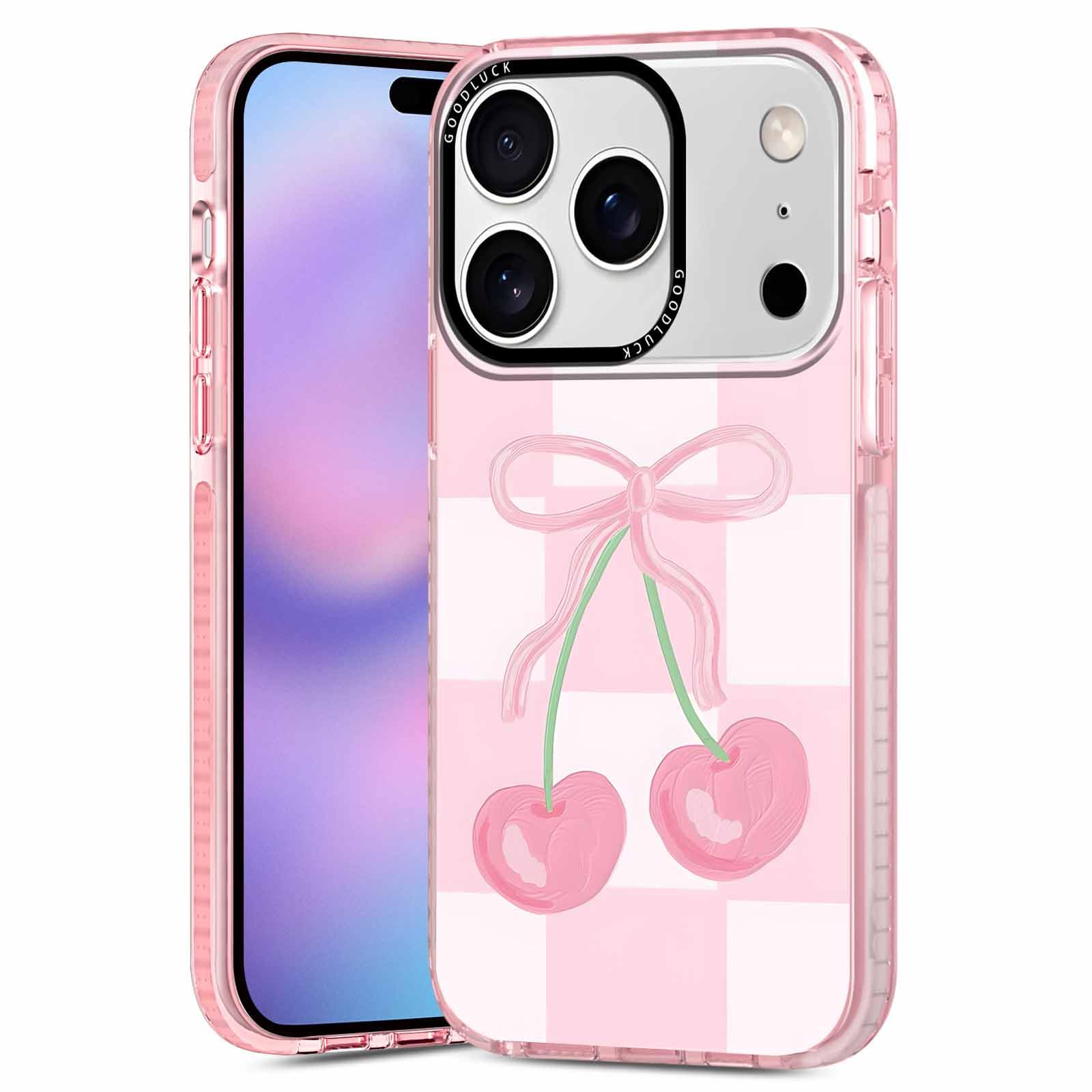 Confezione da 2 custodie per telefono per iPhone 17 Pro da 6,3 pollici, estetica trasparente con nastro rosa ciliegia a scacchi, design stampato per donne e ragazze, custodia morbida sottile