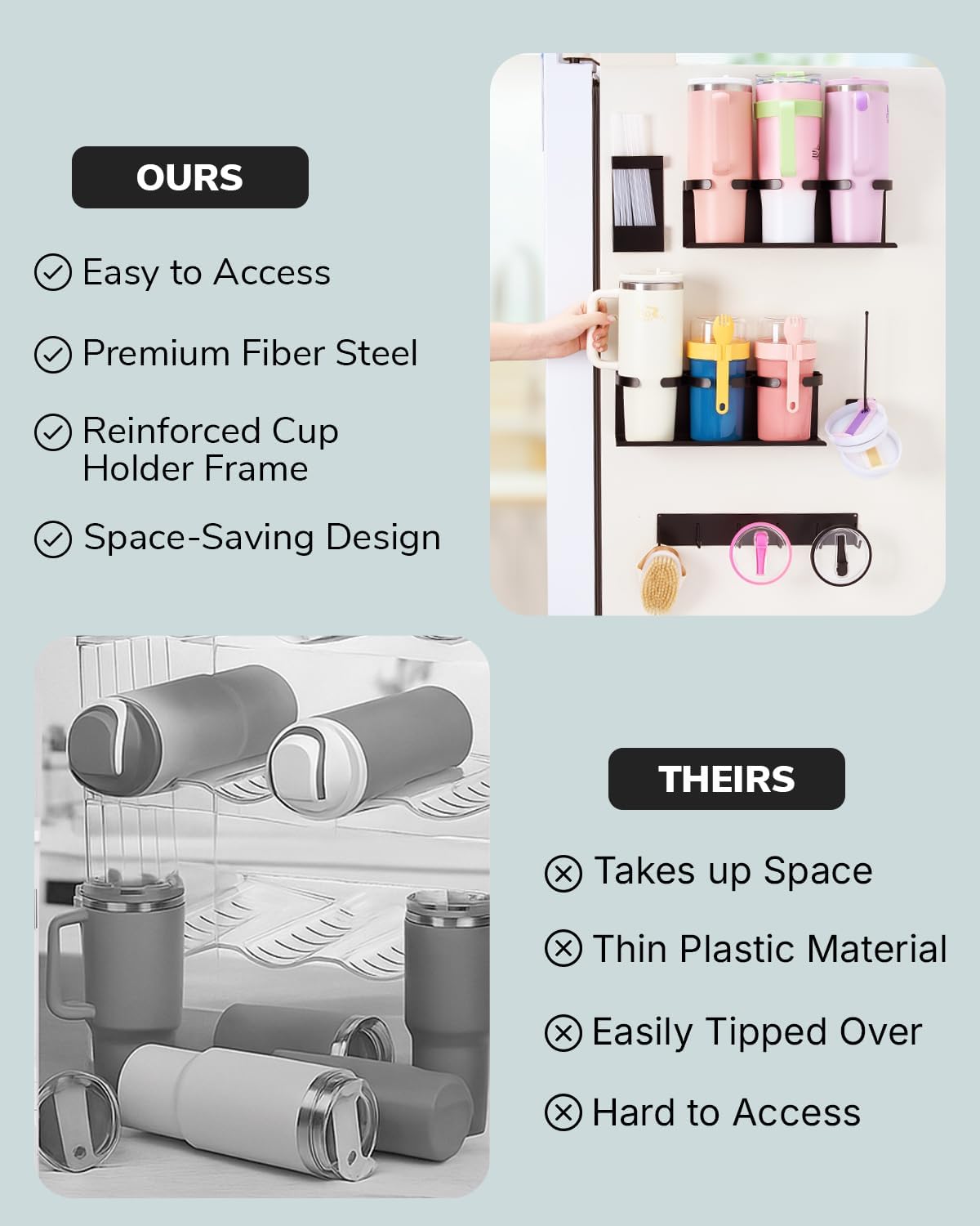 HAMARA Fiber-Steel Magnetic Stanley Cup Holder for Fridge – 5-Piece Tumbler & Lid Organizer Set with Straw Rack & Hook Rail, Water Bottle Storage, Stanley Cup Accessories for Kitchen & Pantry - Image 5