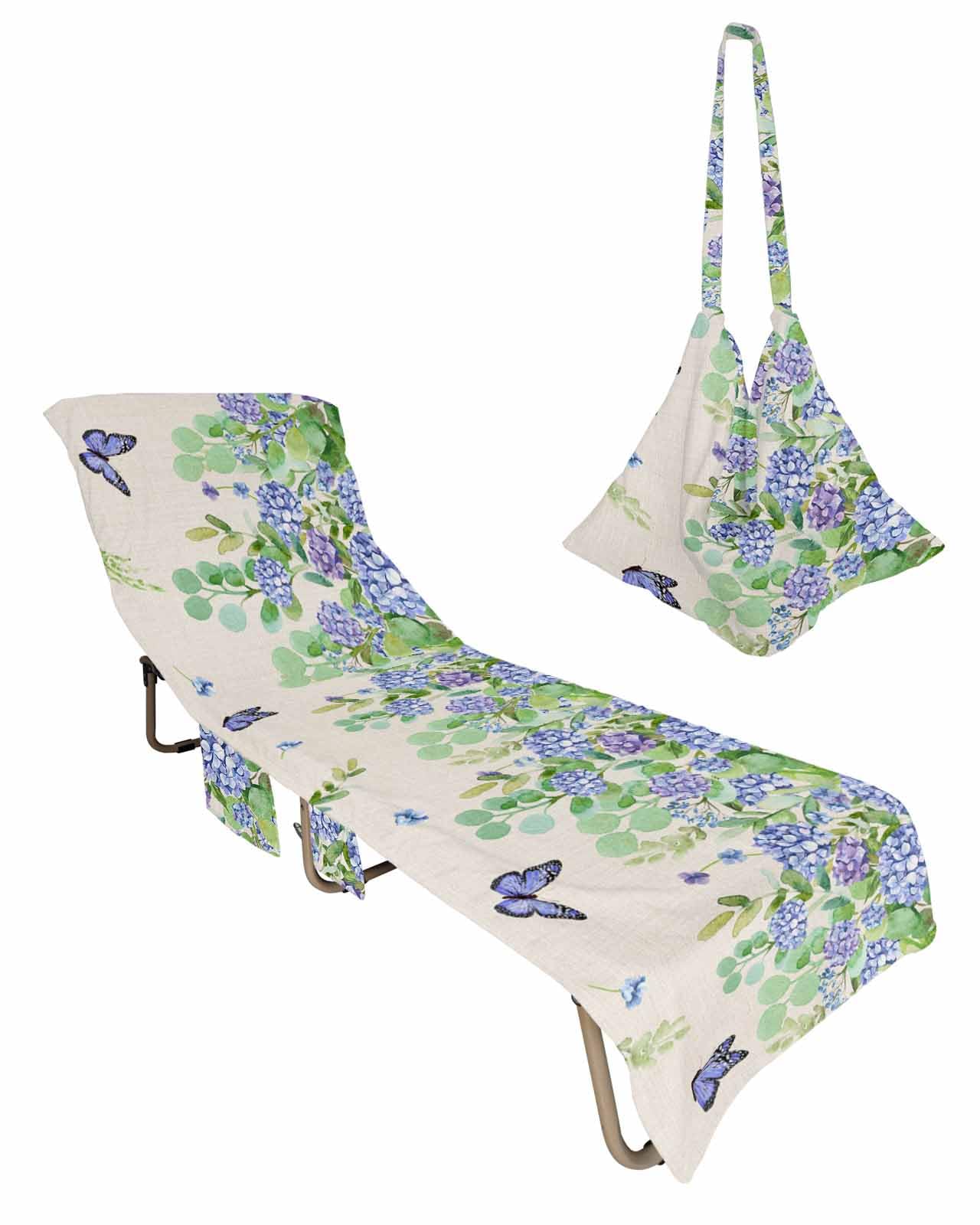Purple Floral Beach Chair Towel Covers for Chaise Lounge with Side Pocket, Soft Plush Pool Towels Cover for Patio Sunbathing Outdoor 29''x85'' Vintage Eucalyptus Leaves Flower Summer Beige