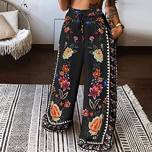 Women Flowers Printing Trousers High Waist Drawstring Wide Leg Trousers Vintage Bohemia Beach Pants with Pockets3