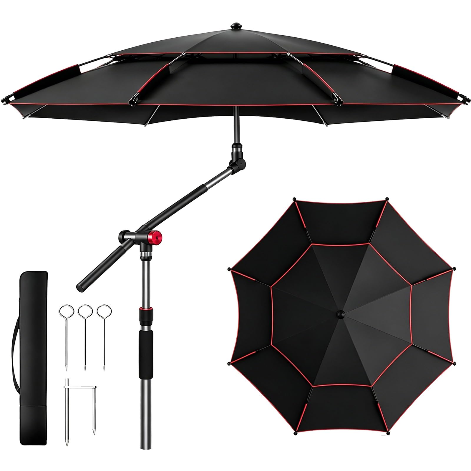 Regulowany parasol wędkarski 360° z torbą do przenoszenia, duży parasol przeciwsłoneczny UV50+, wiatroszczelny schronienie na zewnątrz, na plażę, kemping, wędrówki, do ogrodu i podróży