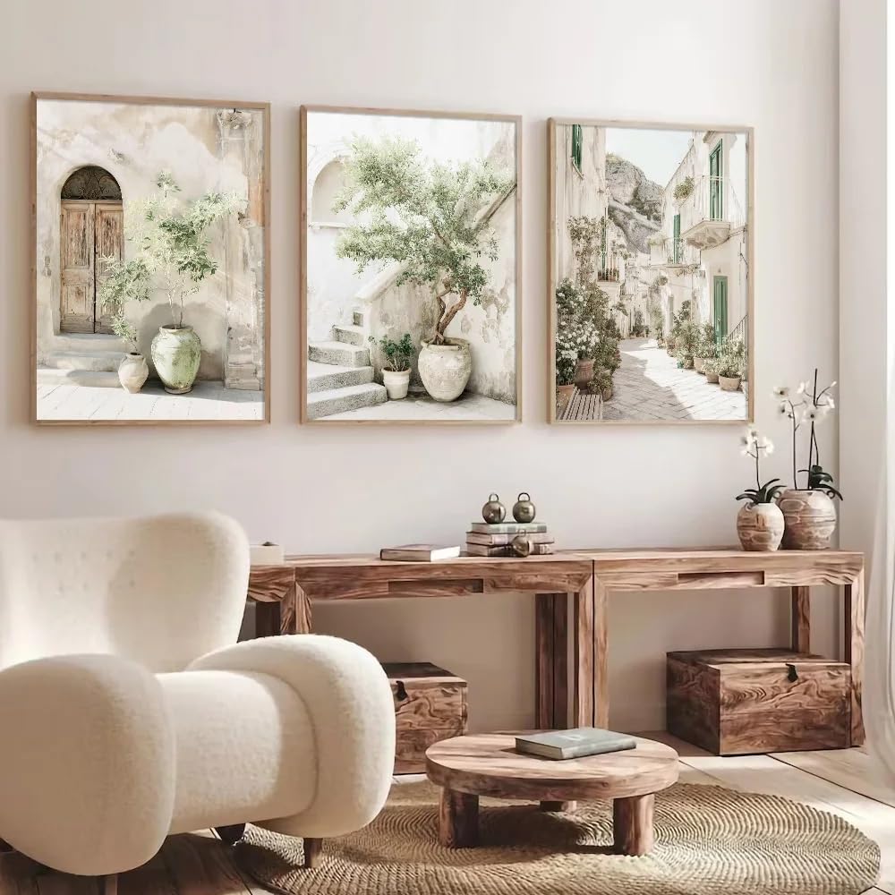 GOSRD Canvas Prints Poster Mediterranean Architecture Landscape Olive Tree Door Village Travel Wall Art Decor Print(35x50cm-3Pcs)