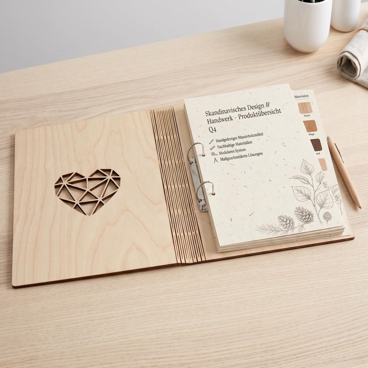 HOFMEISTER® - Raccoglitore A4 in legno con cuore, grande raccoglitore ad anelli in legno per documenti, ricette e ricordi, raccoglitore sostenibile fai da te da progettare, incidere e regalare