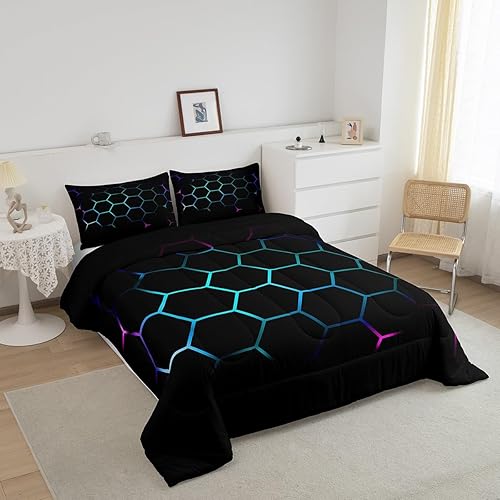 Miniatura 2 de Feelyou Juego de edredón de panal 3D con temática geométrica para niños y niñas, edredón de arte hexagonal con relleno interior, color morado, azul,