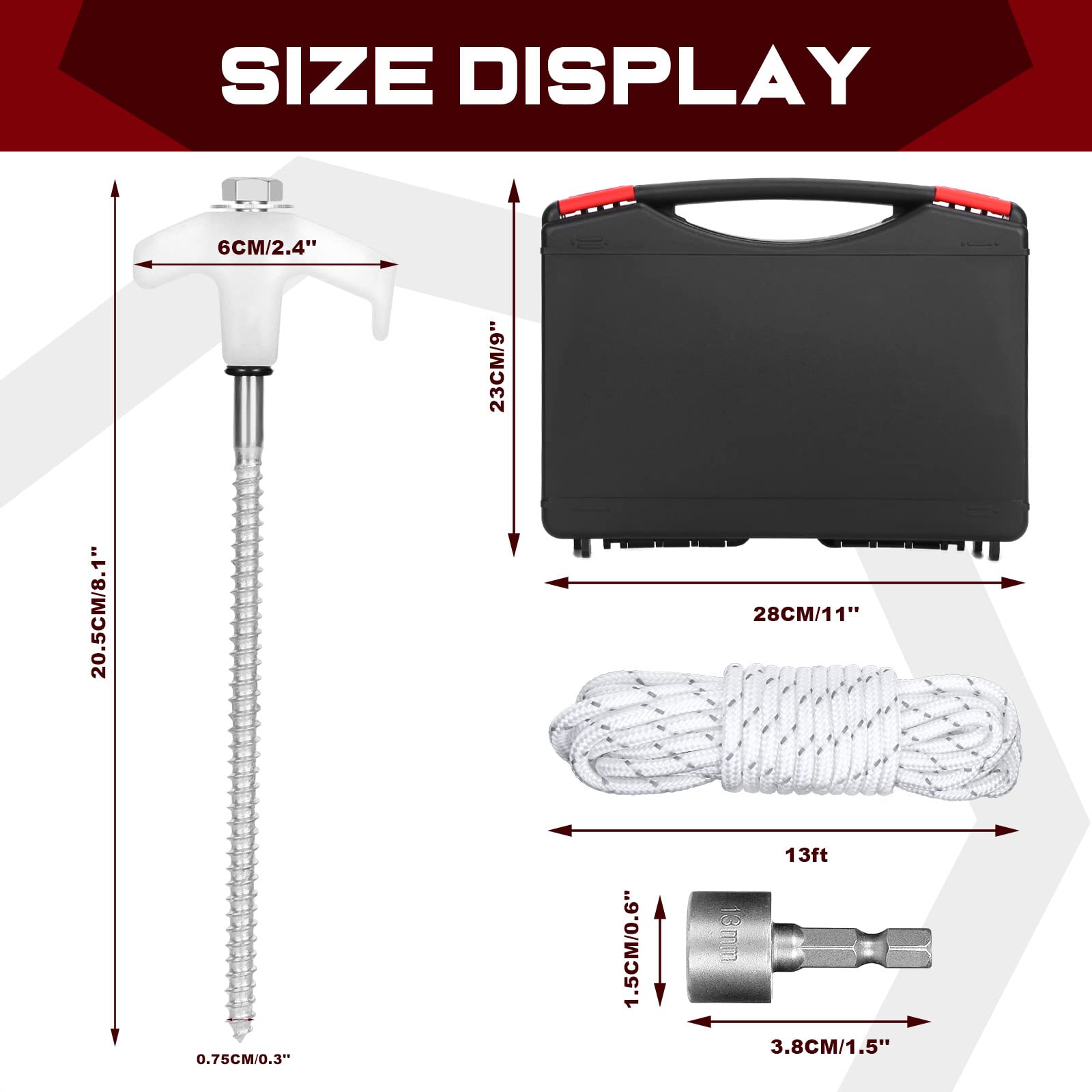 10 Tent Stakes Heavy Duty Tent Stakes Screw in Metal Camping Stakes with Luminous Head Ground Anchor Pegs Tent Spikes with Reflective Ropes(13ft), Rope Tensioner, Hex Head Driver and Storage Box