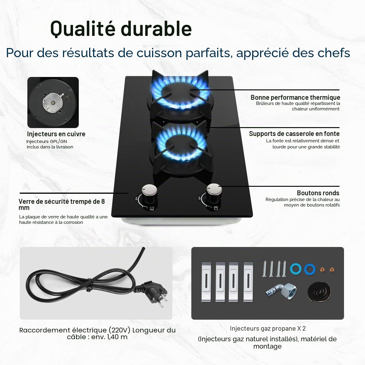 SNDOAS Plaque Gaz 2 Feux, Plaque de Cuisson avec Panneau en Verre Trempé, Sécurité Thermocouple, Convient pour le Gaz Naturel/Propane, 30 cm, 2400 W/1800 W, 220-240 V