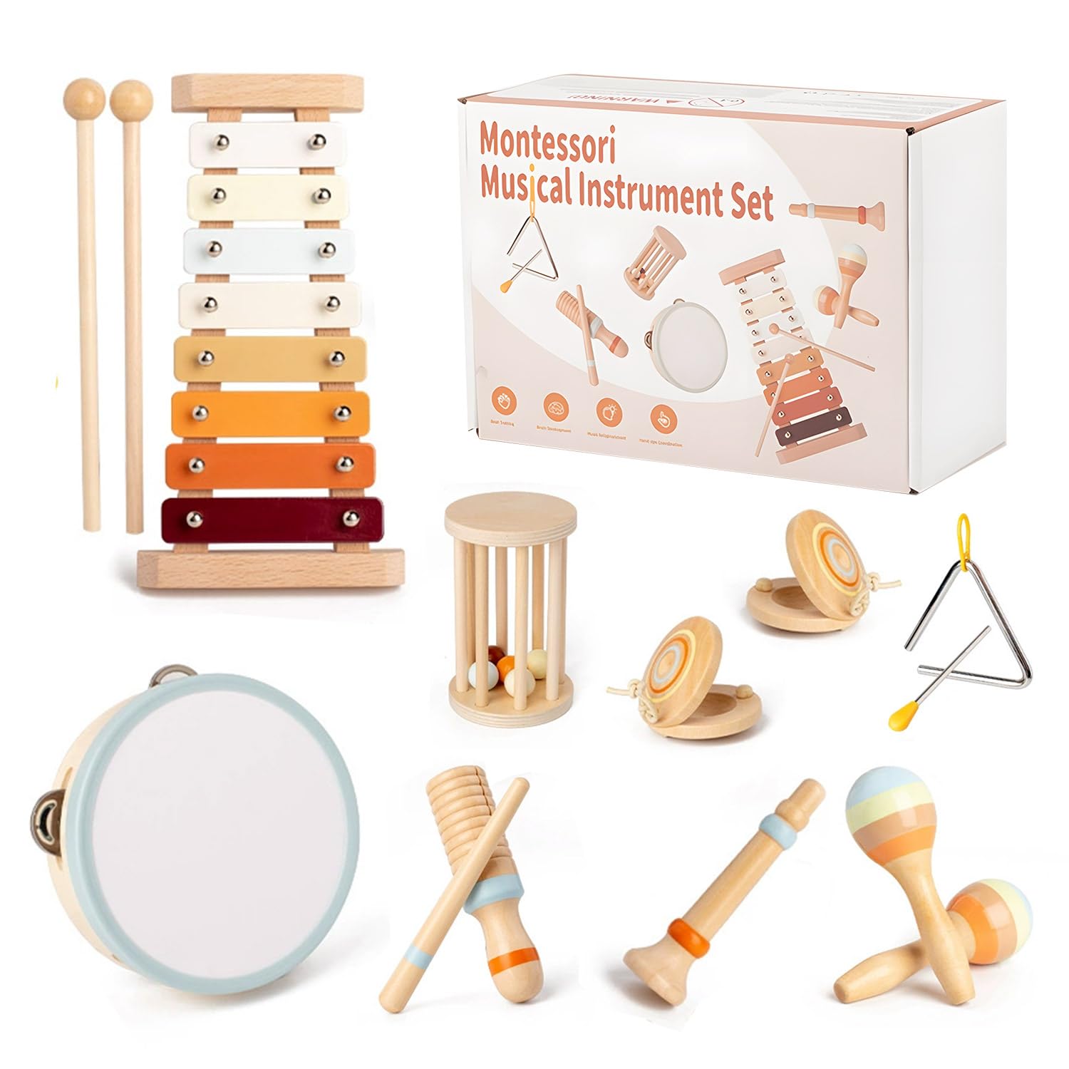 Maraiss Wooden Musical Instruments Set for Kids 10-Piece Natural Percussion Toys with Xylophone & Maracas