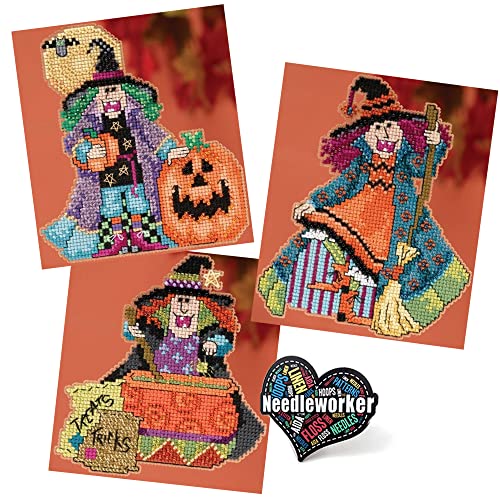 Image of Hocus Pocus Trilogy Mill Hill Beaded Cross Stitch Kits, Set of 3 - Miranda, Mimi and Muriel Plus Decorative 'Needleworker' Sticker