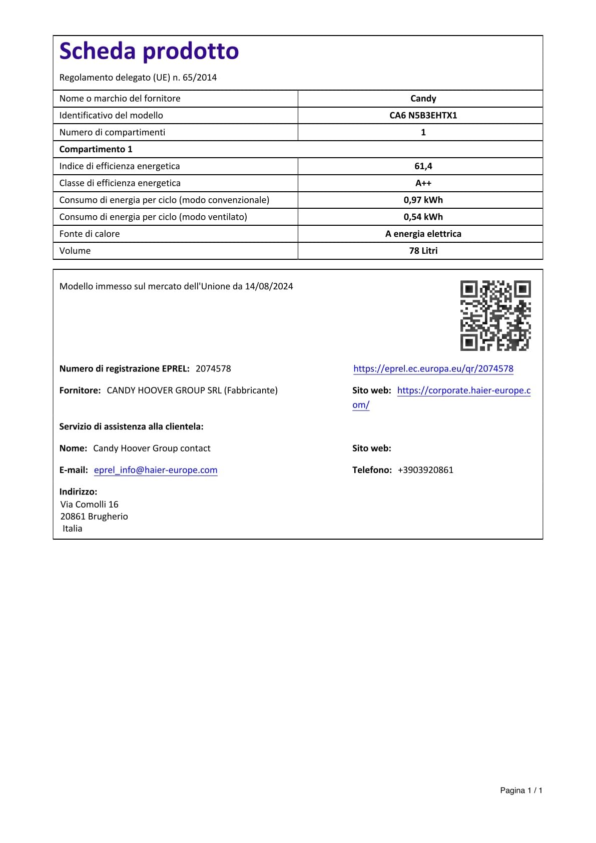 CA6 N5B3EHTX1 - Forno elettrico, ventilato, grill, 78 litri, Classe energetica A++